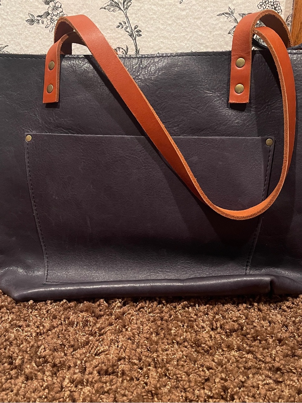 MIDNIGHT Portland Leather Goods Tote Bag in Dark Navy with Tan Straps Medium